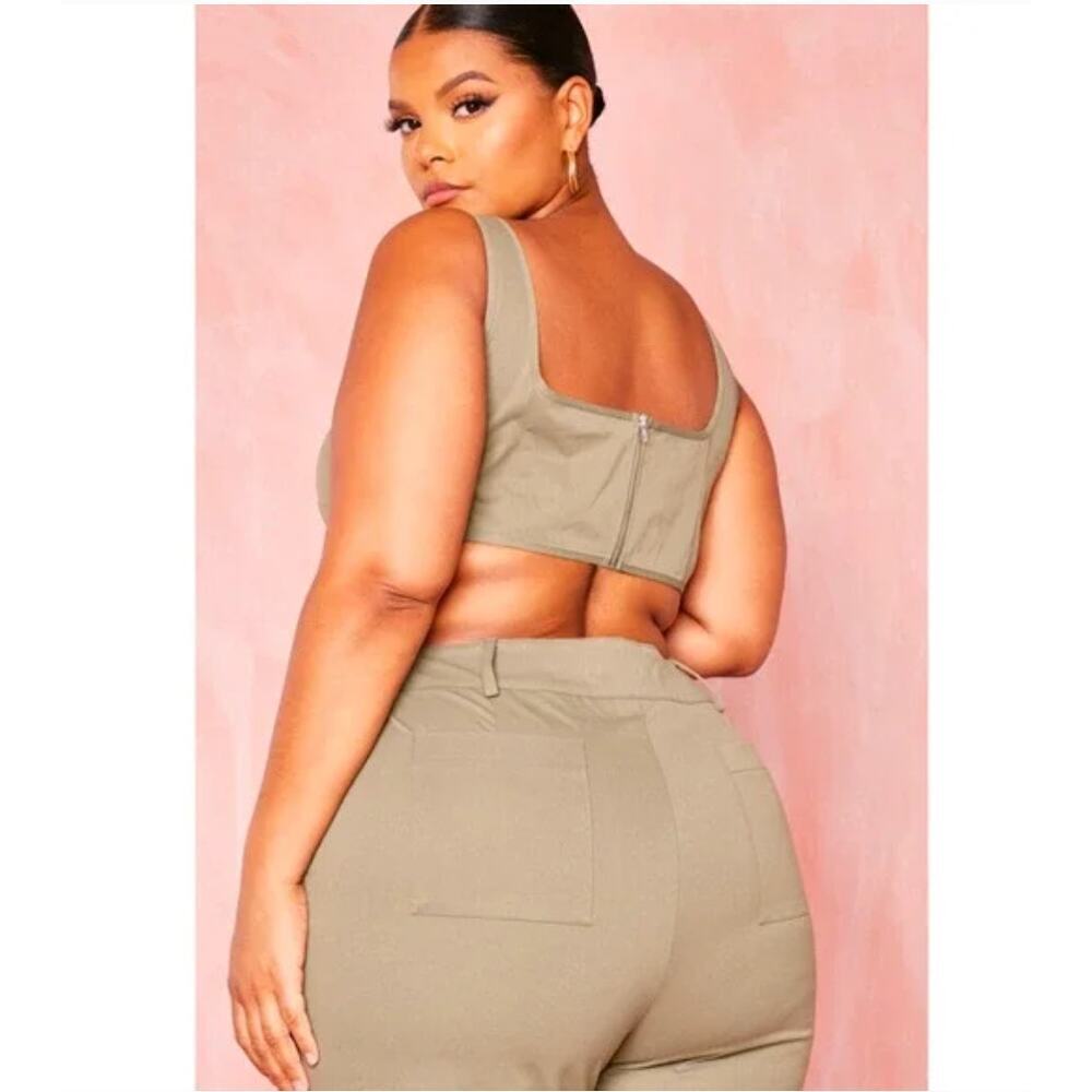 PLT Olive Green Structured Dip Hem Cargo Crop Corset Bustier Sz 14 Y2K Utility - Picture 8 of 14